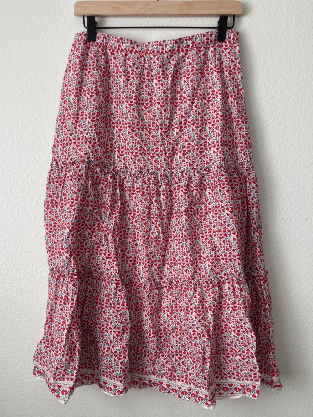 Max Studio Tiered Maxi Skirt Medium Pull On Hearts Boho Cottagecore Prairie